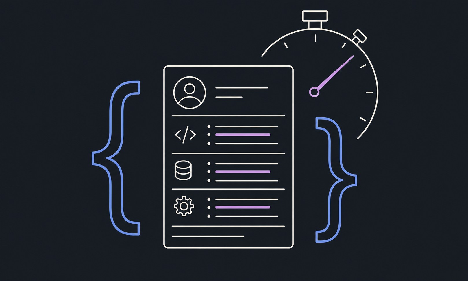 A software engineer resume framed by code brackets and a six-second stopwatch